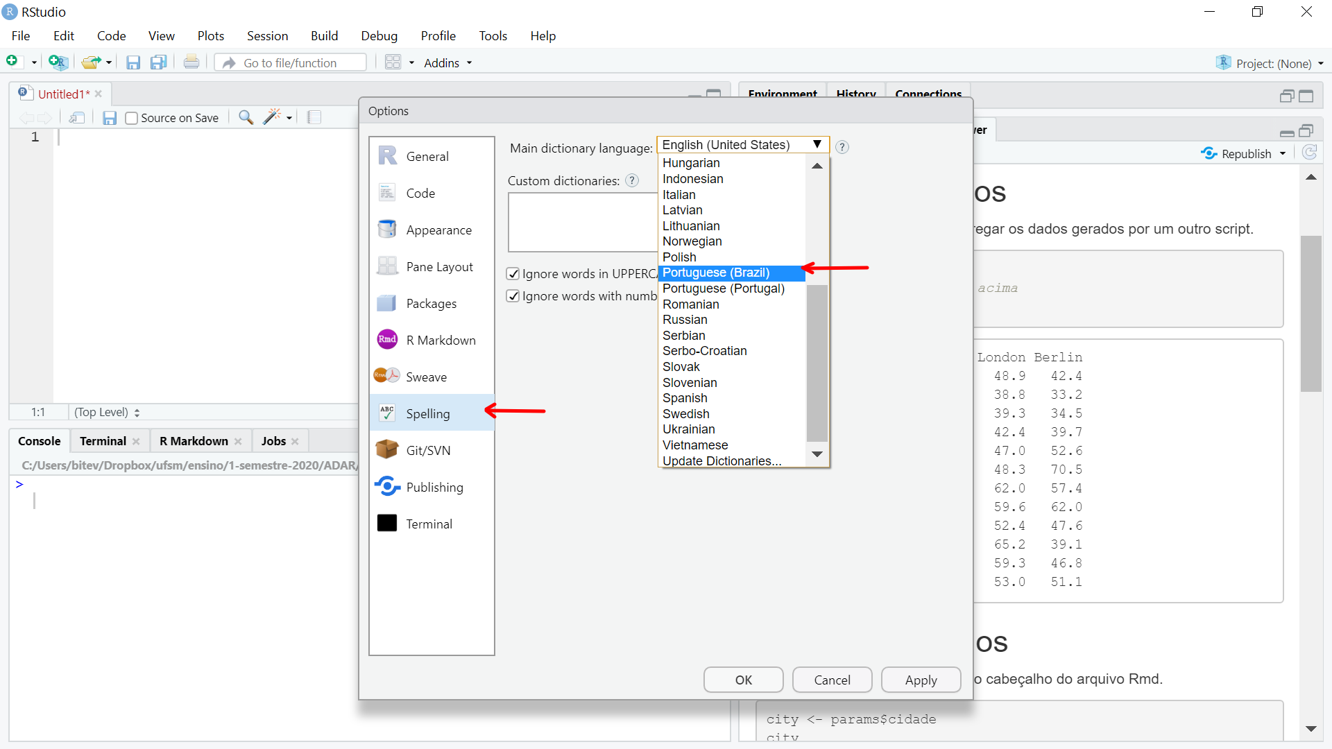 Configuração do dicionário de Portugês-BR  no RStudio.