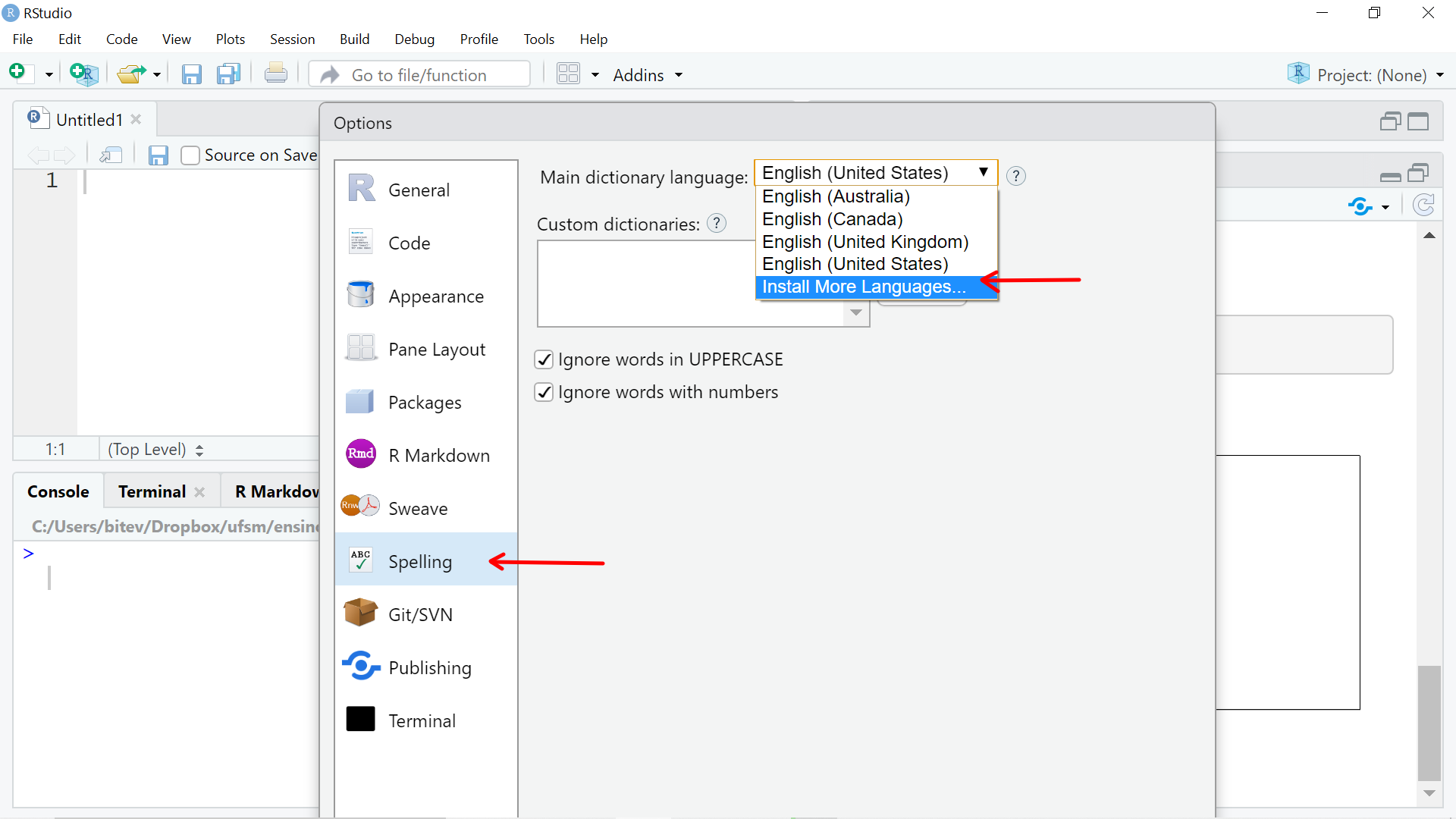 Configuração do RStudio para instalar dicionários de outras línguas.