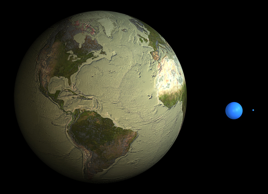 Disponibilidade de água relativa ao volume da Terra. A esfera à esquerda representa a Terra com toda água removida. A esfera a diretira representa o volume de toda água da Terra. O pequeno ponto azul mais à direita representa a disponibilidade de água doce. Fonte: http://www.whoi.edu/page.do?pid=80696&i=7301